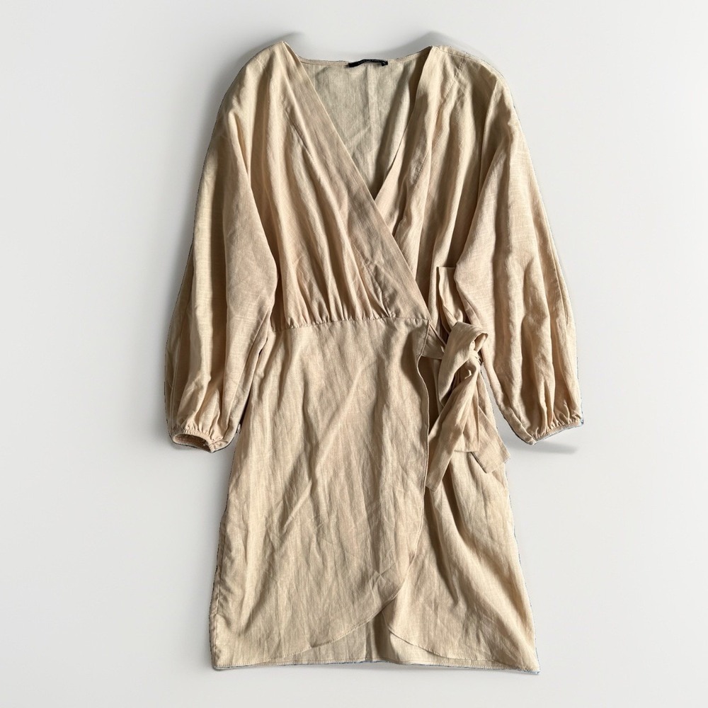 Trendyol Cotton Midi Wrap Dress S 34 Beige Quiet Luxury Resortwear Long Sleeve